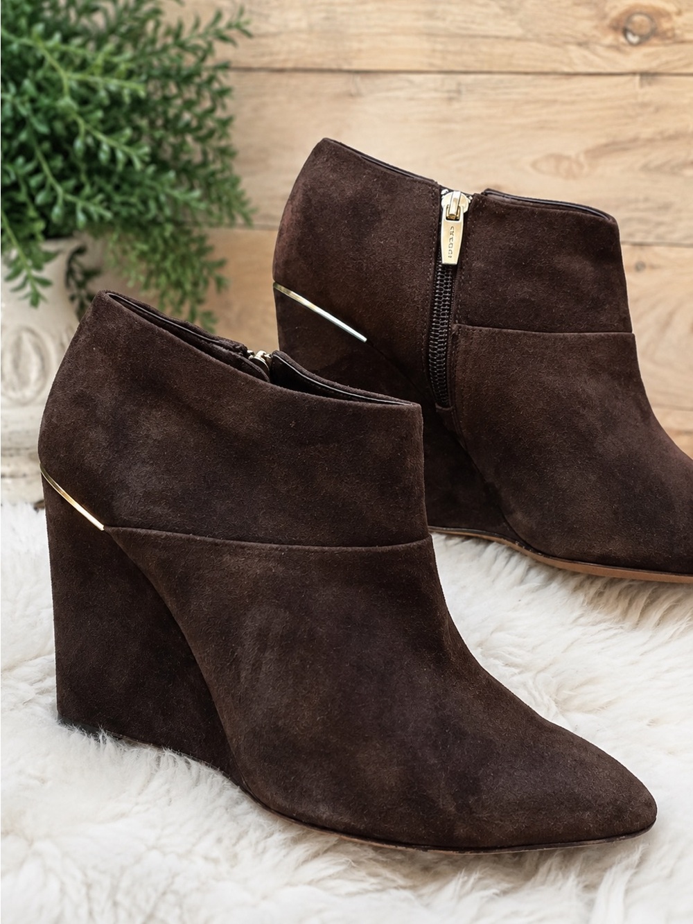 Coach Espresso Suede Wedge Ankle Booties Size 7.5 EUC